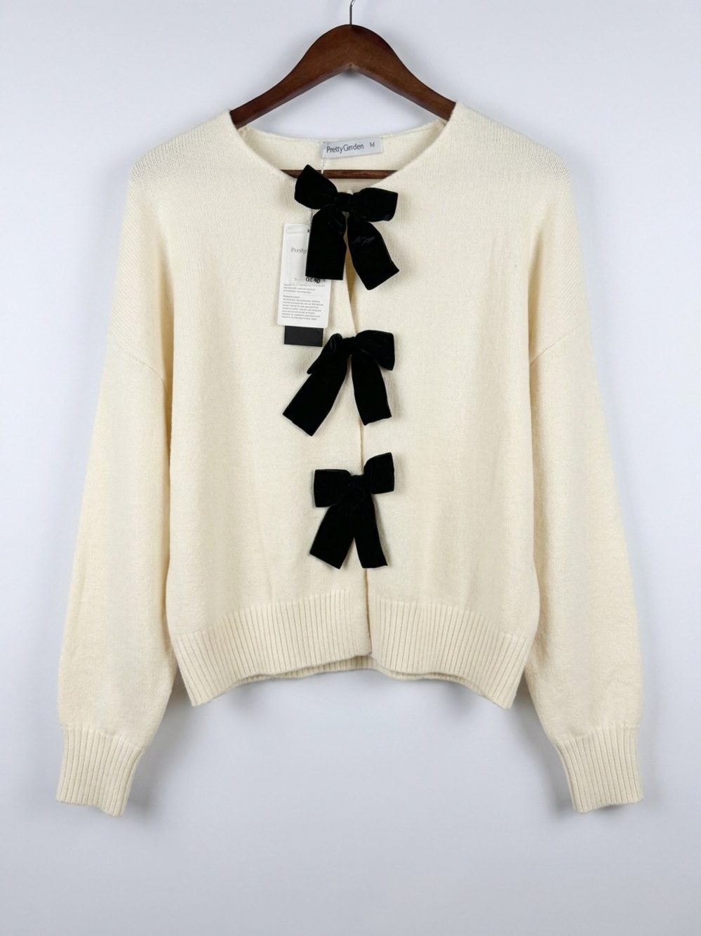 PrettyGarden Cream Bow-Front Knit Cardigan